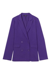 Blazer double boutonnage en tissu violet vibrant, avec des revers à cran, deux poches avant et des boutons assortis. Texture lisse, coupe ajustée.