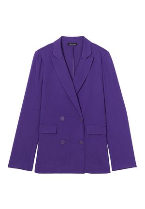 Double-breasted blazer in vibrant purple fabric, featuring notched lapels, two front pockets, and matching buttons. Smooth texture, tailored fit.