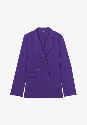 Dubbelbree blazer in levendig paarse stof, met notch-lapels, twee voorzakken en bijpassende knopen. Glad textuur, getailleerde pasvorm.