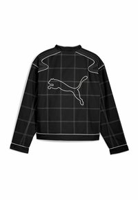 Musta takki, jossa on ruutukuvio, valkoiset ompeleet ja Puma-logo takana. Materiaali näyttää sileältä, ja siinä on pitkät hihat sekä korkea kaulus.