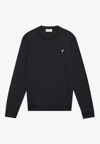 Sudadera negra de manga larga, con cuello redondo, puños y dobladillo acanalados; cuenta con un pequeño logo de un pájaro blanco en el pecho. Textura suave.