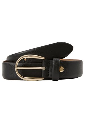 Cintura nera in pelle con una texture liscia, caratterizzata da una fibbia in metallo dorato e un design che include un gancio e un fermacintura.