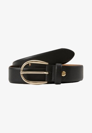 Ceinture en cuir noir avec une texture lisse, dotée d'une boucle en métal doré et d'un design comprenant une ardillon et un passant.