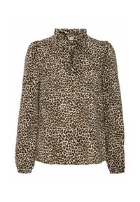 Leopard print blouse with a ruffled neckline and long sleeves. Made from soft fabric, featuring gathered detailing at the shoulders.
