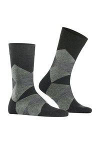 Dunkelgraue Socken mit einem geometrischen Muster in verschiedenen Grautönen und Schwarz, mit einer glatten Textur und gerippten Bündchen.