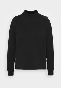 Svart långärmad sweatshirt med hög hals och en subtil logotypdesign längs ena axeln. Enkel, avslappnad stil.