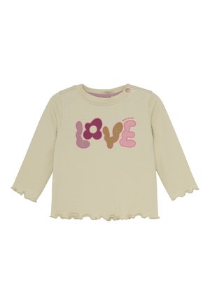 Cremfarbene Langarm-Babybluse mit rüschierten Kanten und buntem "LOVE"-Text, wobei ein Blumenmotiv den Buchstaben O auf der Vorderseite ersetzt.