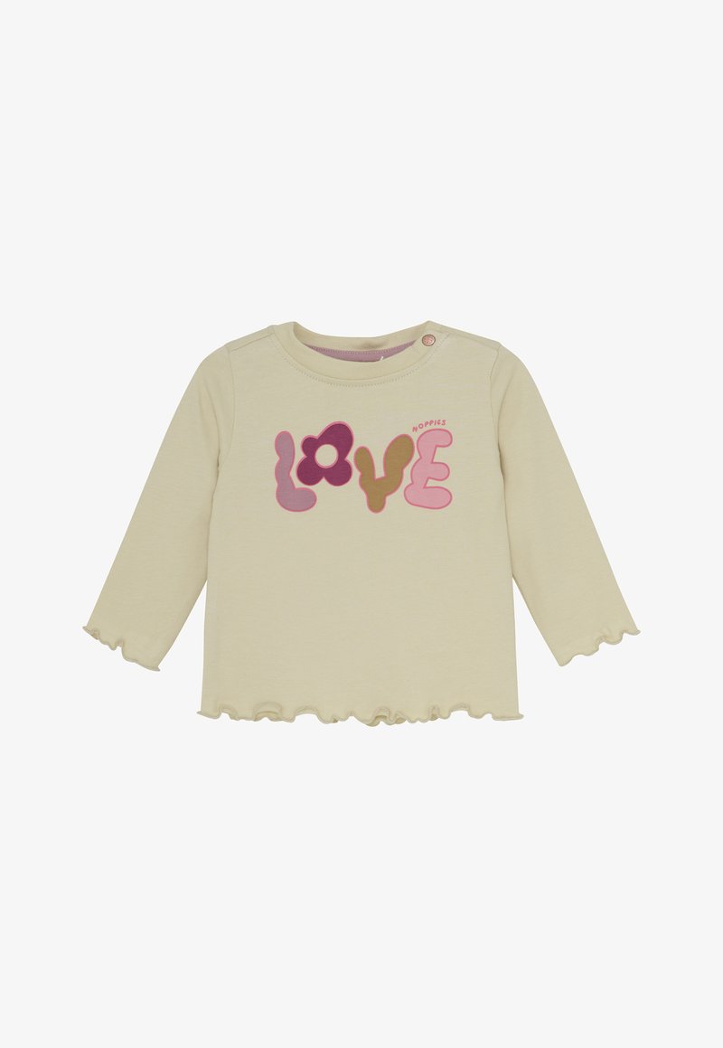 Cremfarbene Langarm-Babybluse mit rüschierten Kanten und buntem "LOVE"-Text, wobei ein Blumenmotiv den Buchstaben O auf der Vorderseite ersetzt.