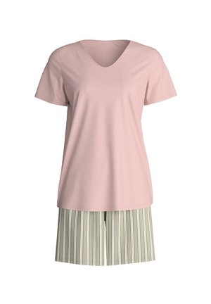 Soft pink short-sleeve V-neck top paired with knee-length shorts featuring vertical green, white, and purple stripes.