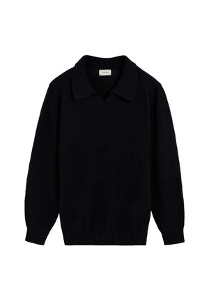 Pull en tricot de couleur bleu marine profond, avec un col classique, des poignets à côtes et un ourlet à côtes. Texture douce avec une coupe légèrement ample. Pas de motifs ou de matériaux visibles.