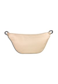 Beige leren schoudertas, gevormd als een halve maan. Voorzien van zilverkleurige hardware en twee ringvormige bevestigingen. Gladde textuur met minimale details.