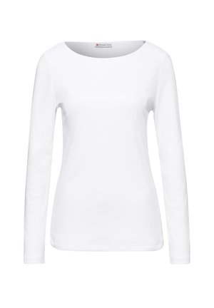 Bílá halenka s dlouhým rukávem a kulatým výstřihem, vyrobená z měkké látky. Má jednoduchý design bez vzorů nebo akcentů.