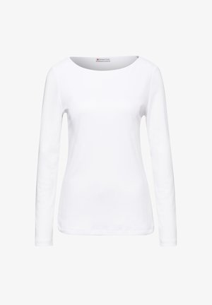 Weißes Langarmshirt mit rundem Halsausschnitt, aus weichem Stoff gefertigt. Verfügt über ein einfaches Design ohne Muster oder Akzente.