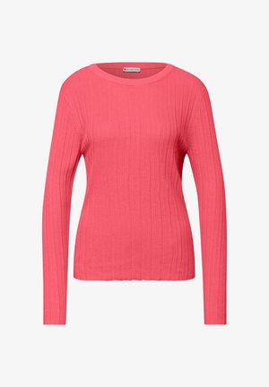 Trui met lange mouwen in felroze, geribbeld stoffen. Heeft een ronde hals en een zachte textuur. Geen patronen of accenten zichtbaar.