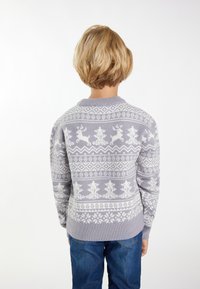 Lichtgrijze gebreide trui met een wit Fair Isle patroon met rendieren en bomen. Ronde halslijn, ribgebreide mouwen en zoom.