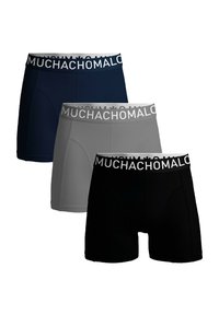 Tri pari bokseric v mornarsko modri, sivi in črni barvi, z belim pasom, na katerem je natisnjeno "MUCHACHO". Gladka tekstura in prilegajoča zasnova.