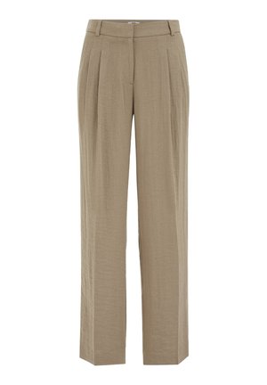 Beežid kõrge vöökohaga sirge säärega püksid, voldid, vööaugud ja ees zipp-kinnitusega, valmistatud kergest kangast.