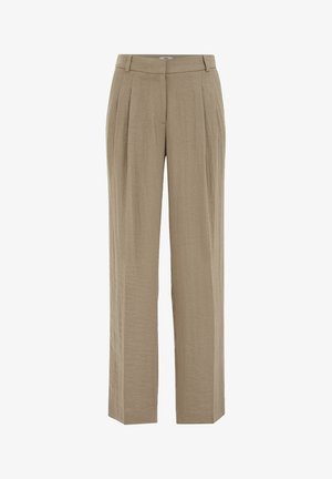 Béžové nohavice s vysokým pásom a rovnými nohavicami, s plisami, opaskovými očkami a predným zipsom, vyrobené z ľahkej látky.