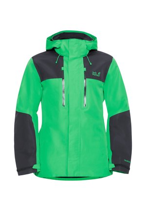 Veste imperméable verte et noire avec fermeture éclair frontale, deux poches poitrine, capuche ajustable et manches renforcées pour plus de durabilité.