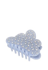 Clip à cheveux bleu clair en forme de nuage, orné de strass argentés. Fabriqué en plastique avec une finition brillante et de nombreuses dents de préhension.