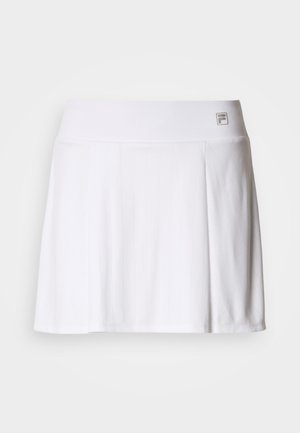 Bijela tenis suknja s širokim pojasom i suptilnim vertikalnim prugama, izrađena od lagane tkanine, s malim logotipom na pojasu.