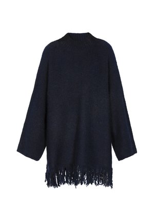 Marineblauer Strickpullover mit hohem Kragen, überschnittenen Schultern und Fransen am Saum. Strukturierter Stoff mit einem gemütlichen Aussehen.