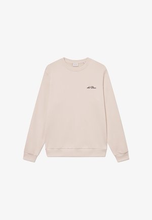 Lys beige sweatshirt laget av myk bomullsblanding, med lange ermer, rund hals og en liten svart logo på brystet.