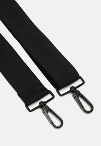 Black fabric strap with embossed text, featuring metal clips at both ends for attachment. Smooth texture and sturdy design.