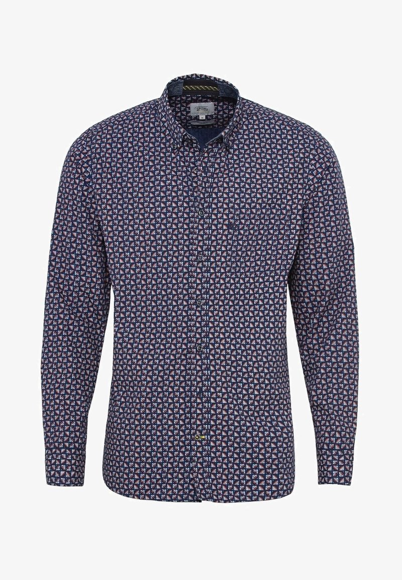 Chemise à manches longues avec un fond bleu marine ornée d'un motif géométrique de petits triangles rouges et blancs ; poche poitrine unique.