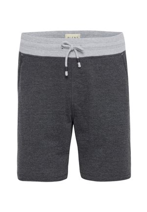 Short en maille gris foncé avec une taille élastique gris clair, un cordon de serrage et des poches latérales.