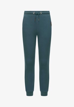 Teplákové nohavice z fleece v odtieni teal, so sťahovacím pásom a rebrovanými manžetami. Obsahuje malú značkovú nálepku na boku. Mäkká textúra.