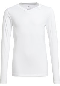 Camisa deportiva blanca de manga larga con cuello en forma de V, fabricada con un tejido ligero y texturizado, que presenta sutiles rayas horizontales.
