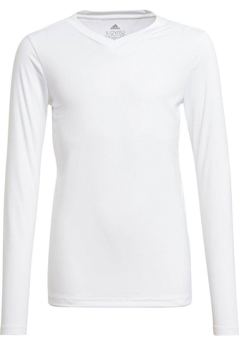 Camisa deportiva blanca de manga larga con cuello en forma de V, fabricada con un tejido ligero y texturizado, que presenta sutiles rayas horizontales.