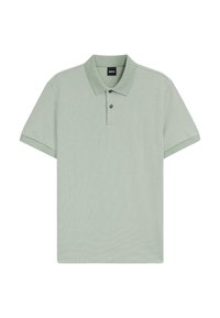 Hellgrünes Poloshirt aus strukturiertem Stoff, mit einem Kragen, einer Knopfleiste mit drei Knöpfen und kurzen Ärmeln.