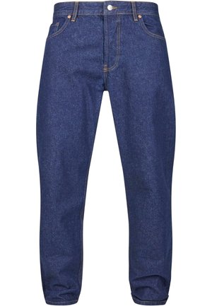 Jean en denim bleu foncé avec une coupe droite, doté d'une fermeture à bouton à l'avant, de cinq poches et de coutures dorées contrastantes.