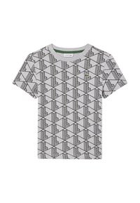 T-shirt in cotone grigio con motivo geometrico nero, maniche corte, colletto rotondo e piccolo logo ricamato sul petto.