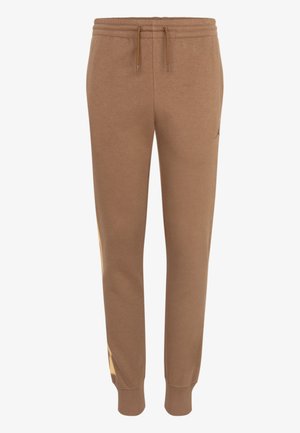 Brązowe, zwężane spodnie dresowe z elastycznym pasem i sznurkami, z prążkowanymi ściągaczami i subtelnym bocznym paskiem.