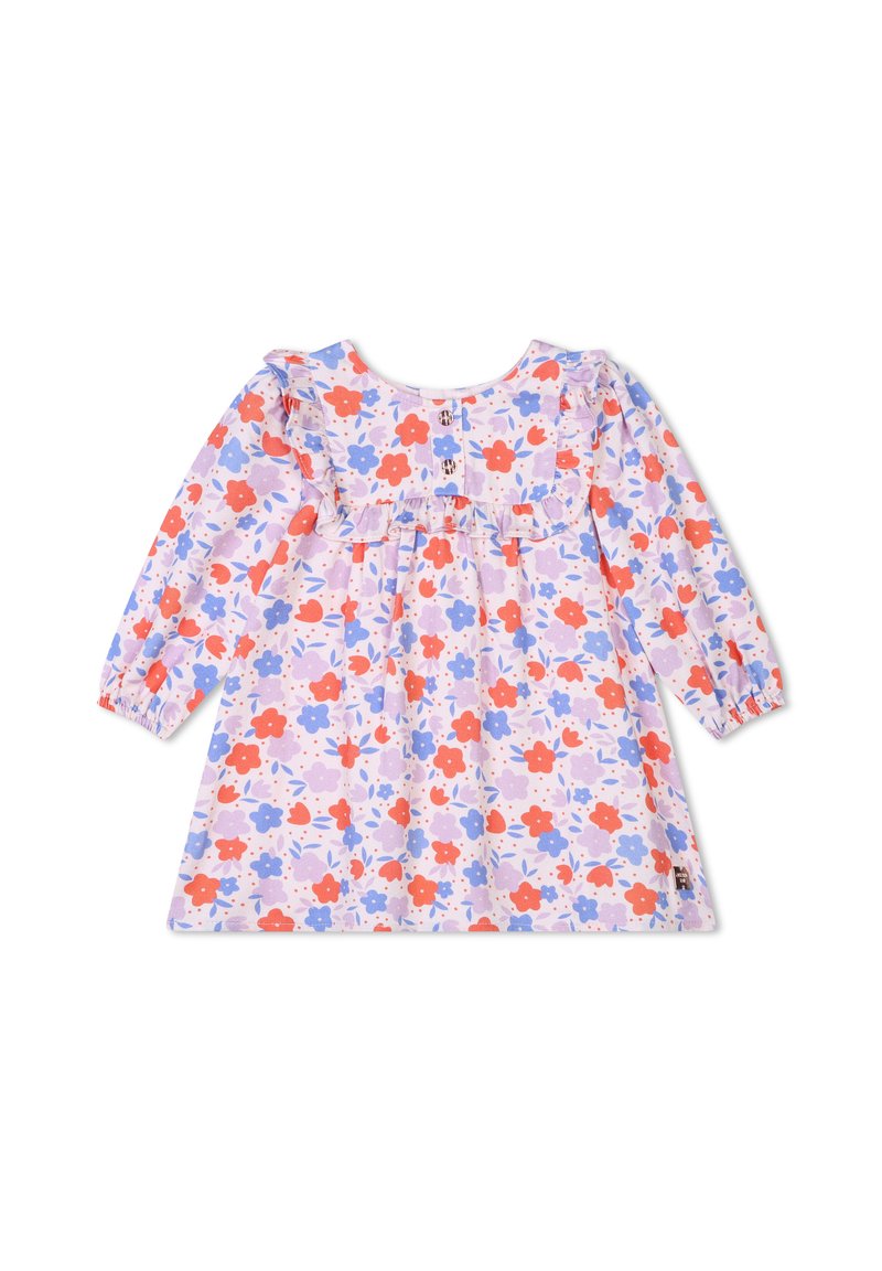 Robe à motifs floraux en violet clair, avec manches longues, décolleté volanté et fermeture à boutons dans le dos, ornée de fleurs rouges et bleues.