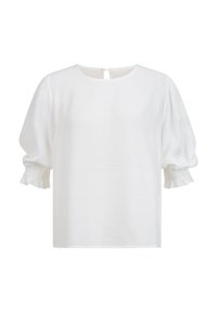 Blouse blanche avec manches bouffantes jusqu'au coude et poignets élastiqués à volants, encolure ronde avec fermeture boutonnée au dos.