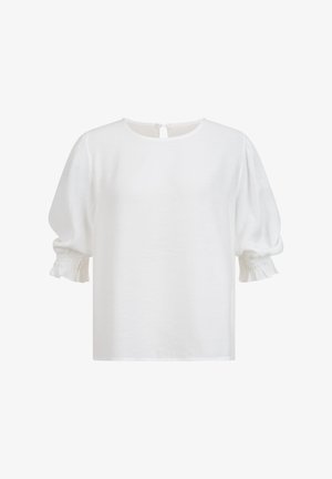 Biała bluzka z bufkami o długości do łokcia oraz gumkami wykończonymi falbaną, okrągły dekolt z zapięciem na guziki z tyłu.