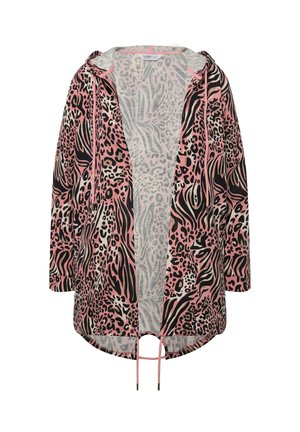 Hooded open-front jacket in pink and black animal print. Features drawstring hem and three-quarter sleeves, made from lightweight fabric.