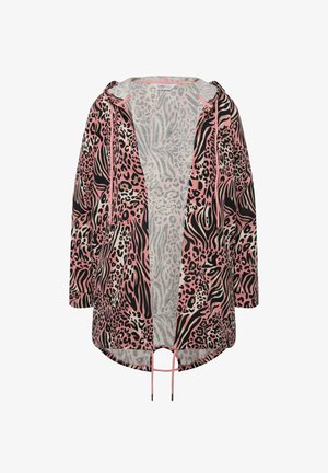 Bunda s kapucí a otevřeným předním dílem v růžovém a černém zvířecím potisku. Disponuje stahovacími šňůrkami na spodním lemu a tříčtvrtečními rukávy, vyrobená z lehké tkaniny.