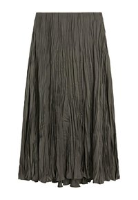 Spódnica długa z plisami w ciemnooliwkowym kolorze, wykonana z lekkiej tkaniny. Posiada pionowe fałdy na całej długości, dodające tekstury i lekkości ruchu.