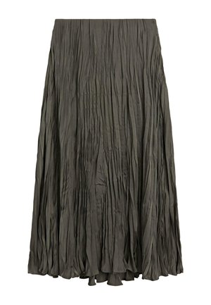 Spódnica długa z plisami w ciemnooliwkowym kolorze, wykonana z lekkiej tkaniny. Posiada pionowe fałdy na całej długości, dodające tekstury i lekkości ruchu.