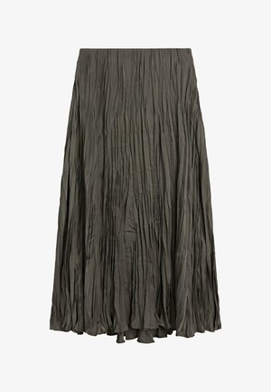 Gebreide lange rok in donker olijfgroen, gemaakt van lichtgewicht stof. Voorzien van verticale plooien over het geheel voor textuur en beweging.