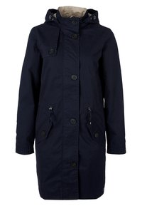 Navy blue parka coat with a drawstring hood, button front closure, two front pockets, and adjustable waist. Made from durable fabric.