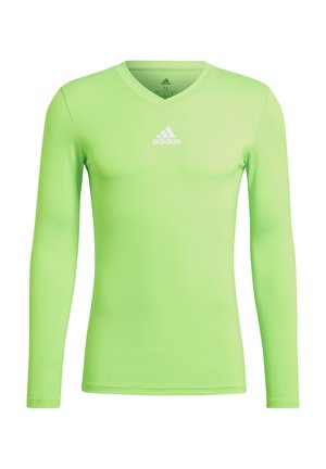 Langærmet atletisk skjorte i lysegrønt stof med V-hals-design og hvidt Adidas-logo på brystet. Struktureret overflade.