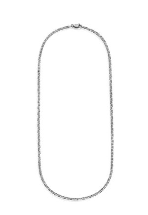 Silver chain necklace with fine, rectangular interlocking links and a lobster clasp closure on a white background.