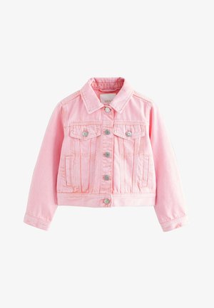 Roze spijkerjack met zilverkleurige knopen, twee borstzakken met klep, twee zijzakken en een klassieke kraag.