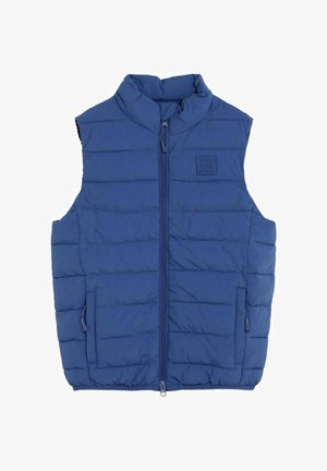 Gilet imbottito blu senza maniche con cerniera frontale, due tasche laterali e colletto alla coreana.